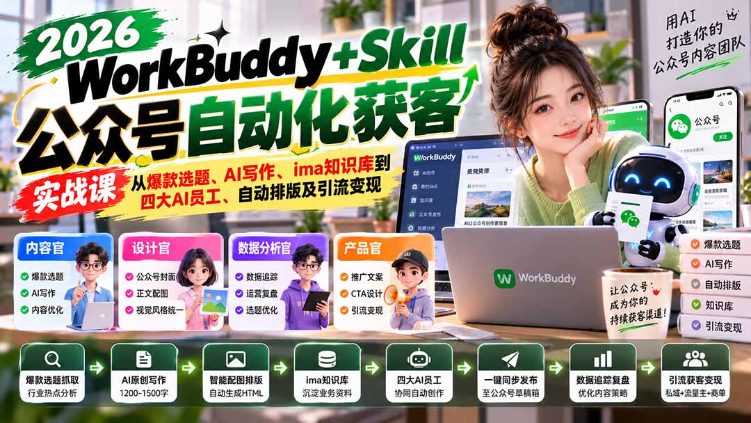 WorkBuddy + Skill公众号自动化获客实战课：从爆款选题、AI写作、ima知识库到四大AI员工、自动排版及引流变现-网创之家