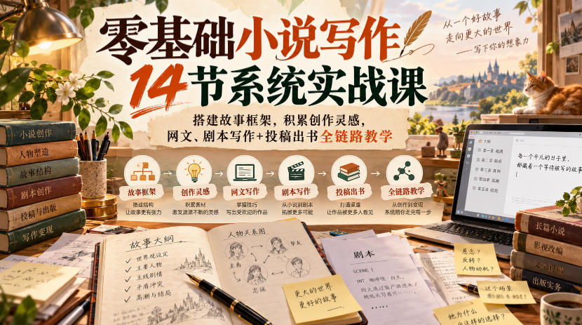 零基础小说写作14节系统实战课，搭建故事框架，积累创作灵感，网文、剧本写作+投稿出书全链路教学-网创之家