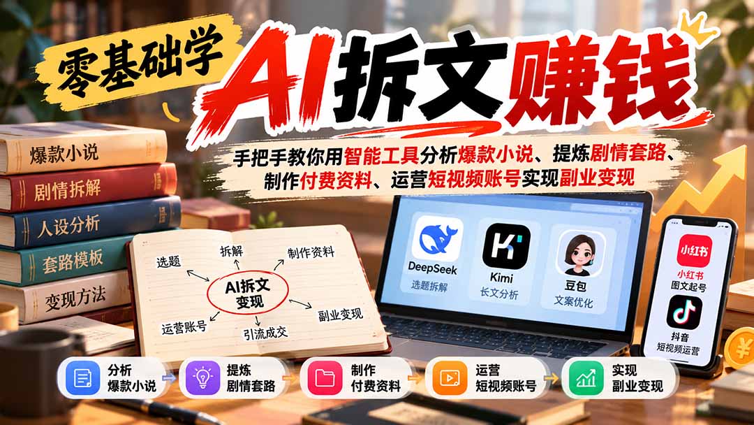 零基础学AI拆文赚钱：手把手教你用智能工具分析爆款小说、提炼剧情套路、制作付费资料、运营短视频账号实现副业变现-网创之家