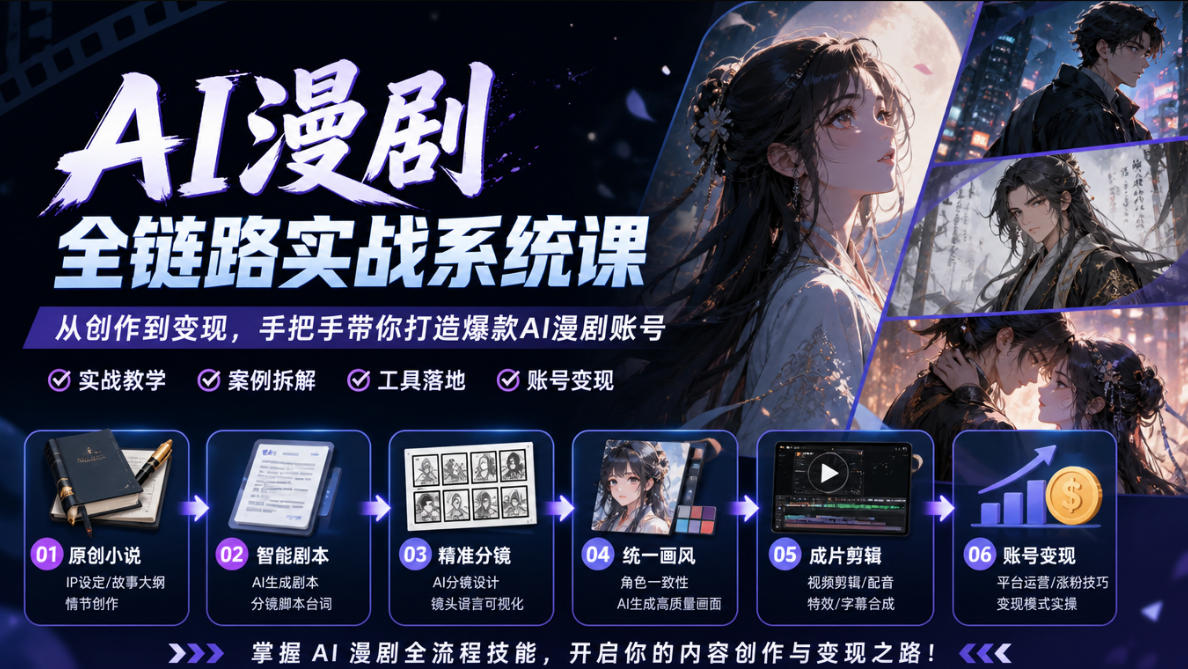 AI漫剧全链路实战系统课｜原创小说、智能剧本、精准分镜、统一画风、成片剪辑、账号变现实操教学(更新1018)-网创之家