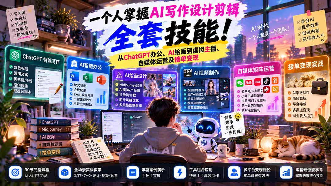 一个人掌握AI写作设计剪辑全套技能：从ChatGPT办公、AI绘画到虚拟主播、自媒体运营及接单变现-网创之家
