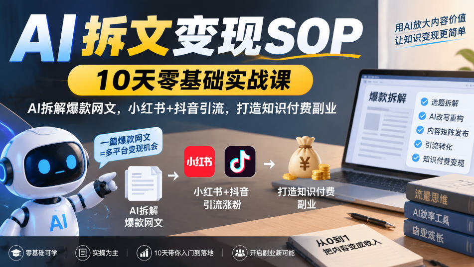 AI拆文变现SOP｜10天零基础实战课，AI拆解爆款网文，小红书+抖音引流，打造知识付费副业-网创之家