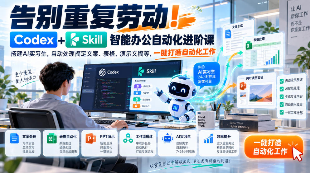 告别重复劳动！Codex+Skill智能办公自动化进阶课｜搭建AI实习生，自动处理搞定文案、表格、演示文稿等，一键打造自动化工作-网创之家