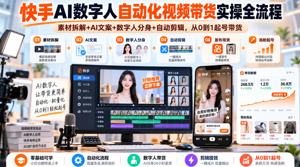 快手AI数字人自动化视频带货实操全流程｜素材拆解+AI文案+数字人分身+自动剪辑，从0到1起号带货(更新26年)-网创之家