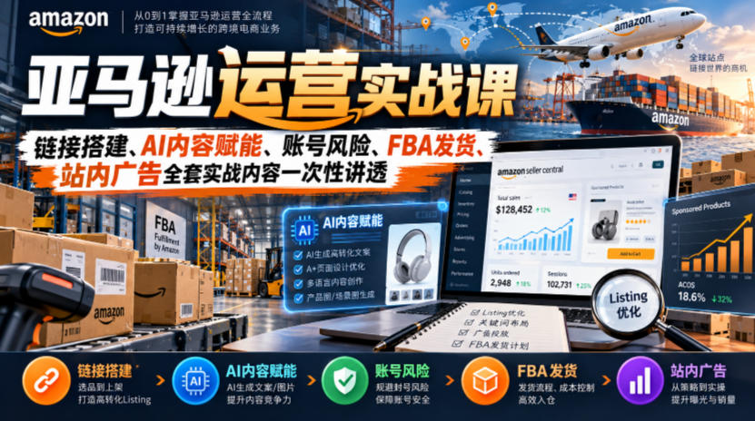 亚马逊运营实战课，链接搭建、AI内容赋能、账号风险、FBA发货、站内广告全套实战内容一次性讲透-网创之家