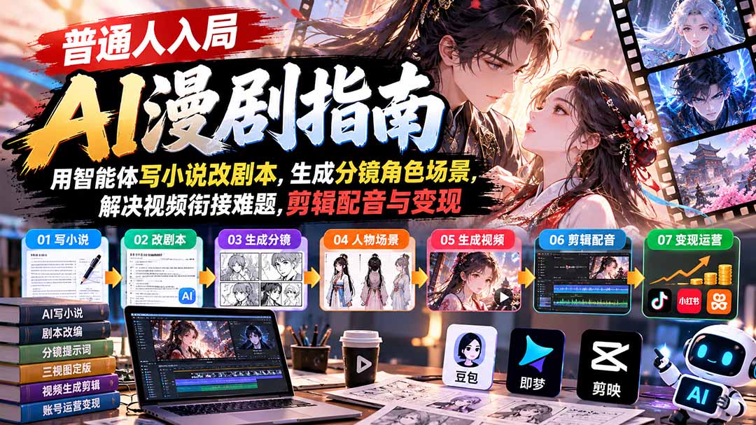【无水印】普通人入局AI漫剧指南：用智能体写小说改剧本，生成分镜角色场景，解决视频衔接难题，剪辑配音与变现-网创之家