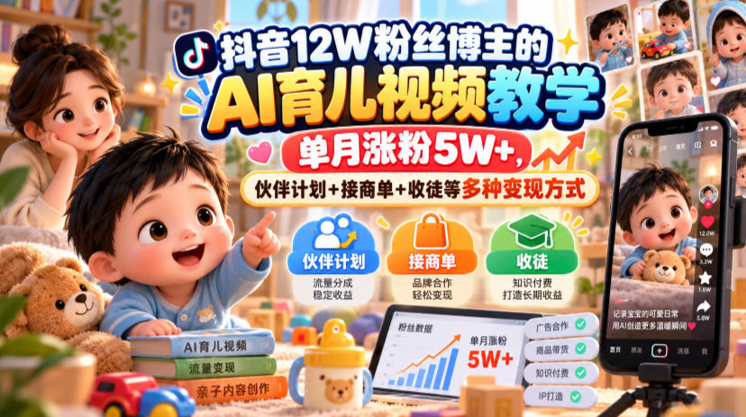 抖音12W粉丝博主的AI育儿视频教学，单月涨粉5W+，伙伴计划+接商单+收徒等多种变现方式-网创之家