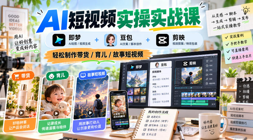 AI短视频实操实战课，即梦+豆包+剪映，轻松制作带货/育儿/故事短视频-网创之家
