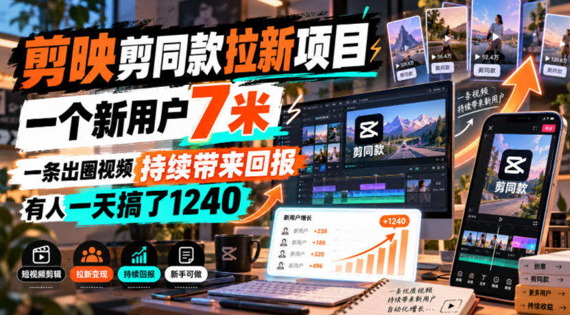 剪映剪同款拉新项目，一个新用户7米，一条出圈视频持续带来回报，有人一天搞了1240-网创之家