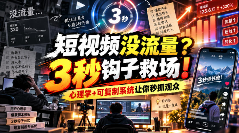 【无水印】短视频没流量？3秒钩子救场！心理学+可复制系统让你秒抓观众【原创双语字幕】-网创之家