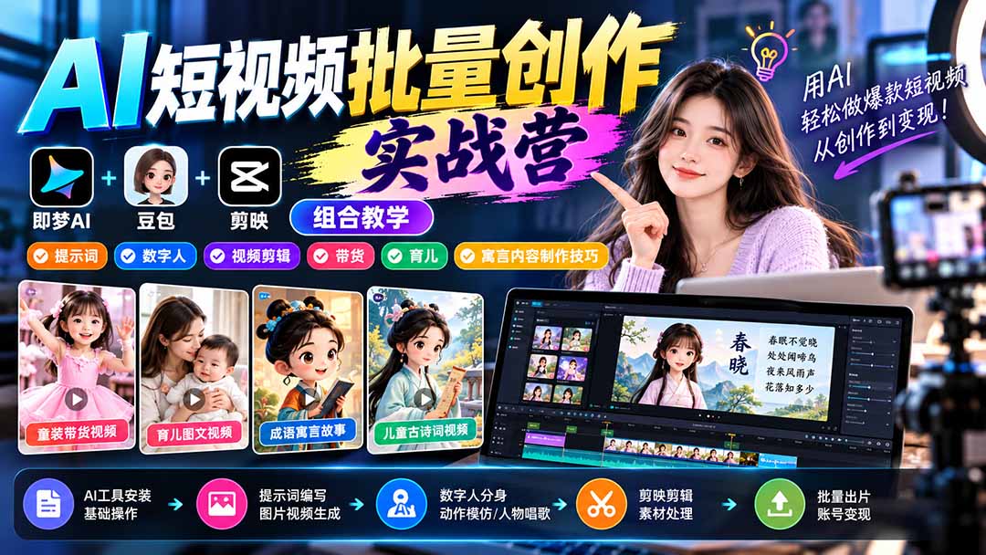 【无水印】AI短视频批量创作实战营：即梦+豆包+剪映组合教学，提示词/数字人/视频剪辑/带货/育儿/寓言内容制作技巧-网创之家