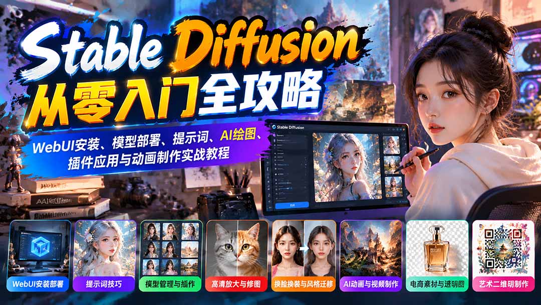 Stable Diffusion从零入门全攻略：WebUI安装、模型部署、提示词、AI绘图、插件应用与动画制作实战教程-网创之家