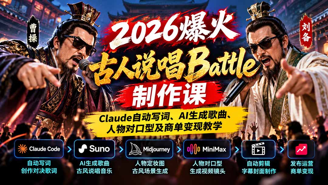 2026爆火古人说唱Battle制作课：Claude自动写词、AI生成歌曲、人物对口型及商单变现教学-网创之家