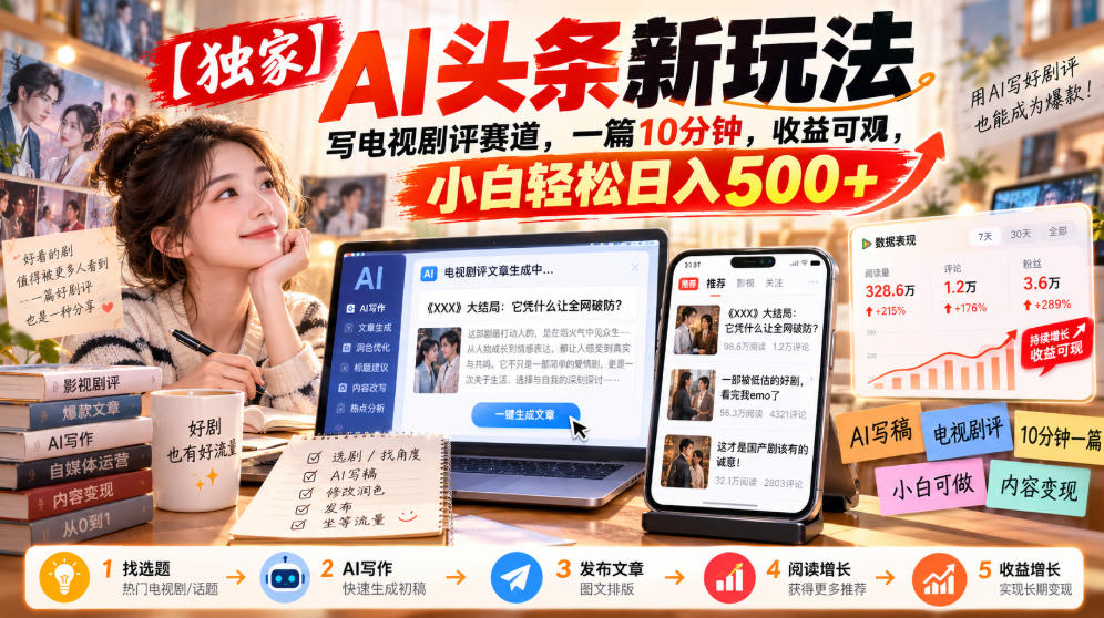 【独家】AI头条新玩法，写电视剧评赛道，一篇10分钟，收益可观，小白轻松日入500+-网创之家