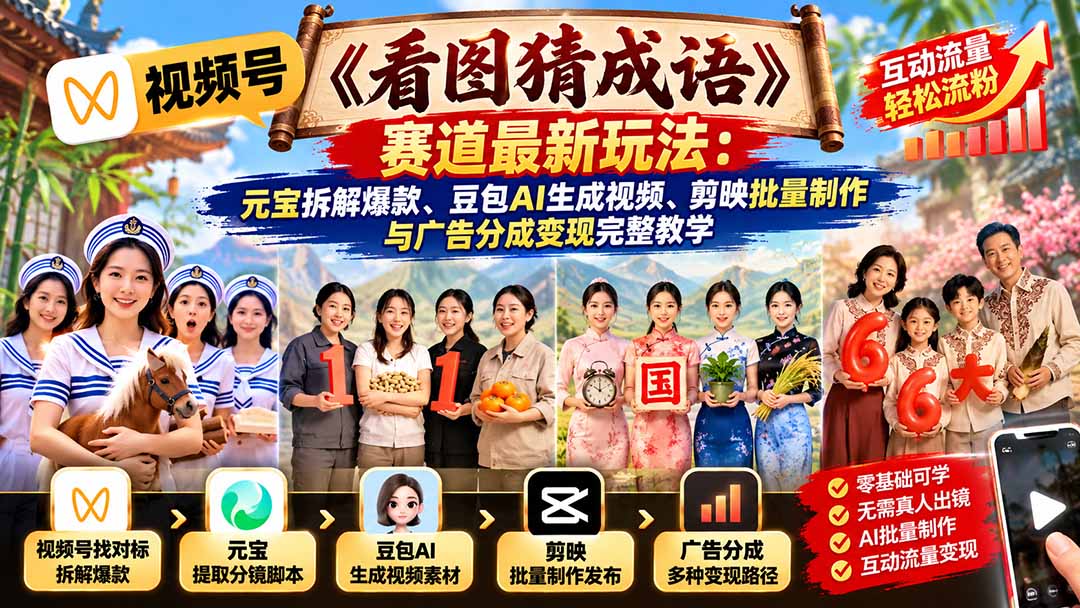 视频号《看图猜成语》赛道最新玩法：元宝拆解爆款、豆包AI生成视频、剪映批量制作与广告分成变现完整教学-网创之家