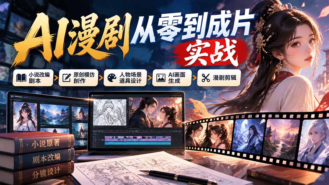 AI漫剧从零到成片实战：小说改编剧本、原创模仿创作、人物场景道具设计、AI画面生成与漫剧剪辑-网创之家