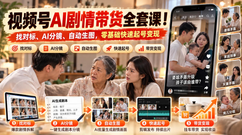 视频号AI剧情带货全套课！找对标、AI分镜、自动生图，零基础快速起号变现-网创之家