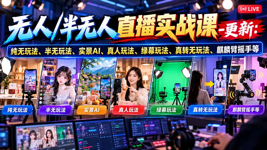 无人/半无人直播实战课-10月20更新：纯无玩法、半无玩法、实景AI、真人玩法、绿幕玩法、真转无玩法、麒麟臂摇手等-网创之家