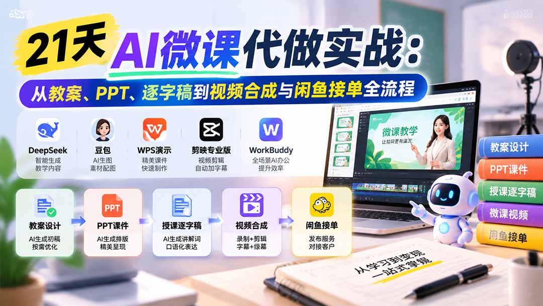 21天AI微课代做实战：从教案、PPT、逐字稿到视频合成与闲鱼接单全流程-网创之家