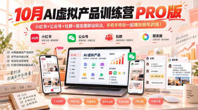 10月AI虚拟产品训练营PRO版，小红书+公众号+社群+朋友圈联动玩法，手把手带你一起赚到明年的钱！-网创之家