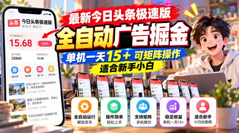 最新今日头条极速版全自动广告掘金，单机一天15+可矩阵操作适合新手小白-网创之家
