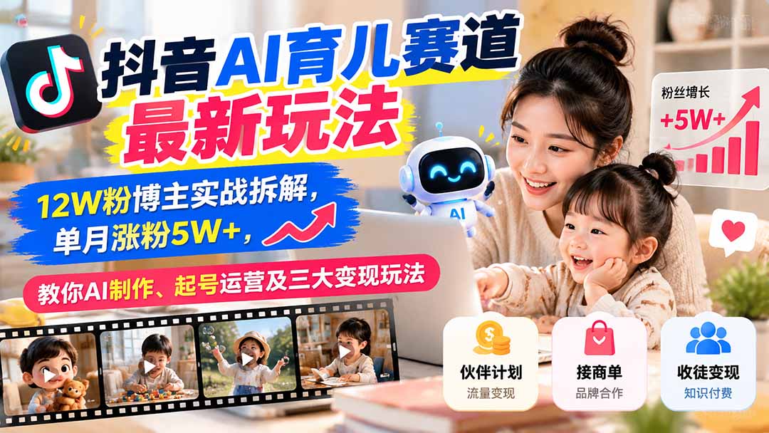 抖音AI育儿赛道最新玩法：12W粉博主实战拆解，单月涨粉5W+，教你AI制作、起号运营及三大变现玩法-网创之家