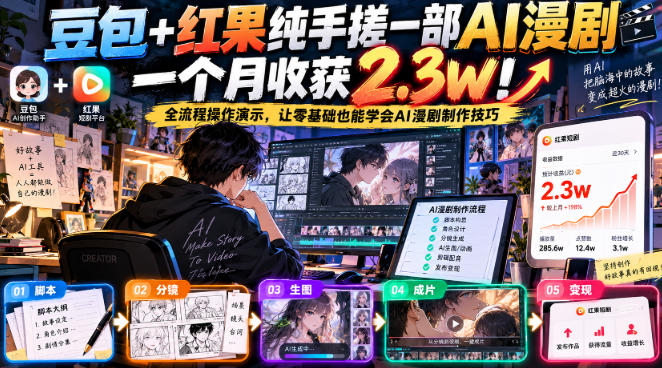 豆包+红果纯手搓一部AI漫剧一个月收获2.3w！全流程操作演示，让零基础也能学会AI漫剧制作技巧-网创之家