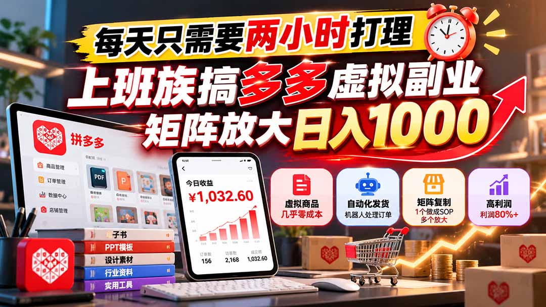 每天只需要两小时打理，上班族搞多多虚拟副业，矩阵放大日入 1000-网创之家