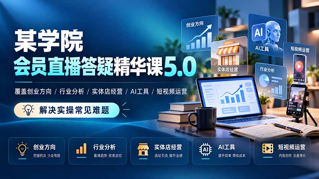 某学院会员直播答疑精华课5.0：覆盖创业方向、行业分析、实体店经营、AI工具和短视频运营，解决实操常见难题！-网创之家