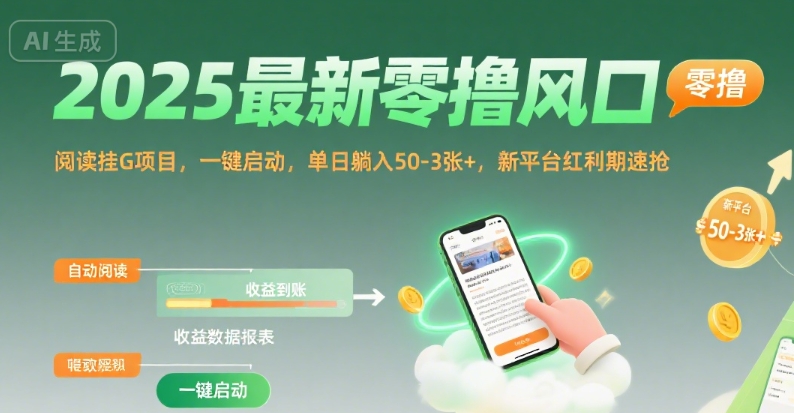 2025最新零撸风口，阅读挂G项目，一键启动，单日躺入 50-3张+，新平台红利期速抢【揭秘】-网创之家