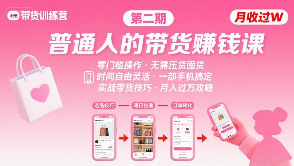 小红书带货第二期训练营，普通人月收过W的带货课，时间自由，零门槛无压货，一部手机即可操作-网创之家