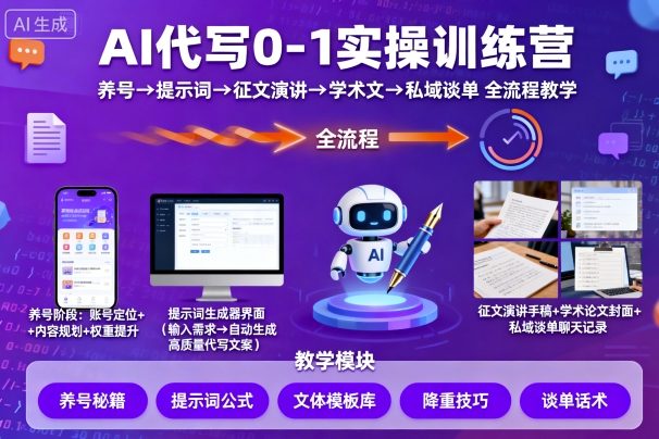 AI代写0-1实操训练营，从养号、提示词、征文演讲、学术文，到私域谈单的全流程教学-网创之家