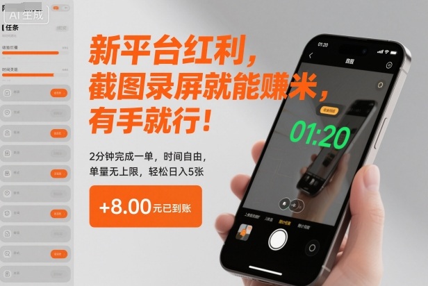 新平台红利，截图录屏就能賺米，有手就行！2分钟完成一单，时间自由，单量无上限，轻松日入5张【揭秘】-网创之家