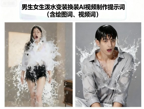男生女生泼水变装换装AI视频制作提示词(含绘图词、视频词)-网创之家