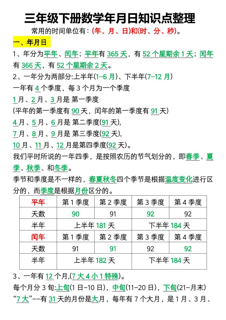 三下数学年月日知识点整理-网创之家