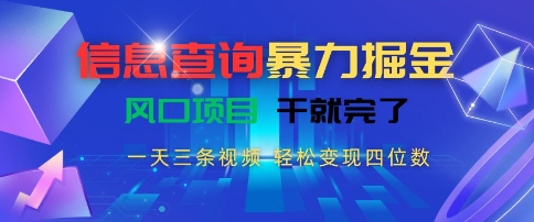 信息查询暴力掘金，一天三条视频，轻松变现四位数，风口项目干就完了【揭秘】-网创之家