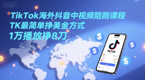 TikTok海外抖音中视频陪跑课程，TK最简单挣美金方式，1万播放挣8刀-网创之家