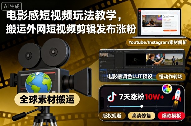 电影感短视频玩法教学，搬运外网短视频剪辑发布涨粉-网创之家