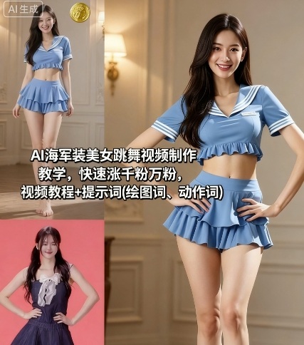 AI海军装美女跳舞视频制作教学，快速涨千粉万粉，视频教程+提示词(绘图词、动作词)-网创之家