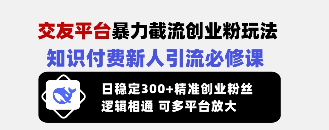 交友平台暴力截流创业粉玩法，知识付费新人引流必修课，日稳定300+精准创业粉丝，逻辑相通可多平台放大-网创之家