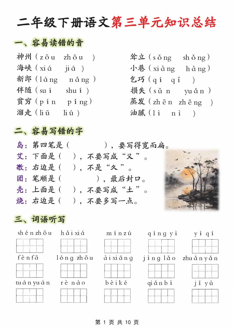【第三单元】二下语文重点知识总结（填）纯图版10页-网创之家