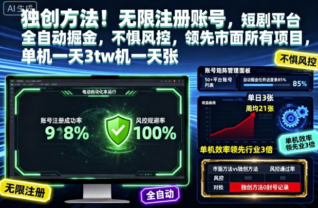 独创方法！无限注册账号，短剧平台全自动掘金，不惧风控，领先市面所有项目，单机一天3张【揭秘】-网创之家