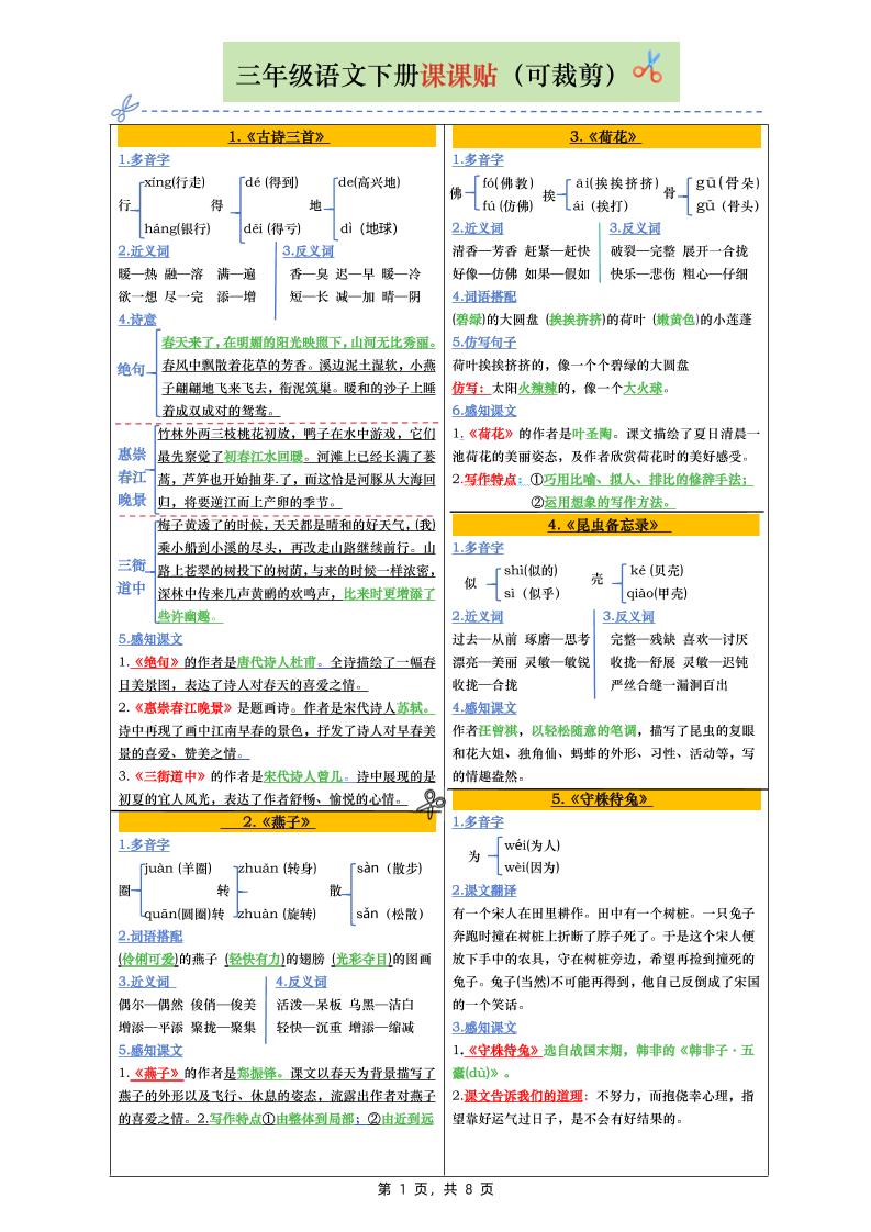 三下语文全册彩色版课课贴（1-28课）8页-网创之家
