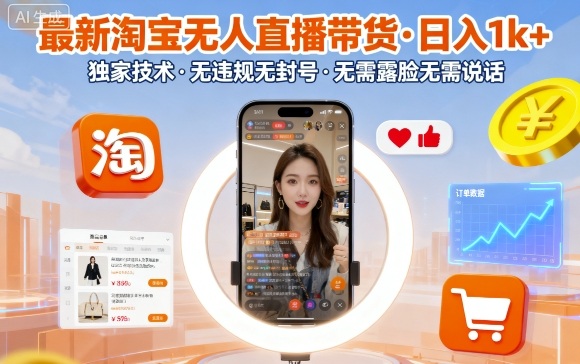 最新淘宝无人直播带货，日入1k+，独家技术，无违规无封号，无需露脸无需说话【揭秘】-网创之家