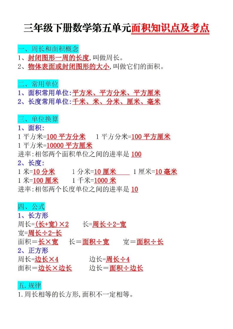 三下数学面积知识点与考点-网创之家