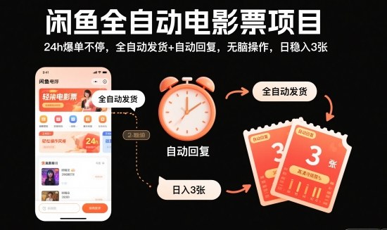 闲鱼全自动电影票项目，24h爆单不停，全自动发货+自动回复，无脑操作，日稳入3张【揭秘】-网创之家