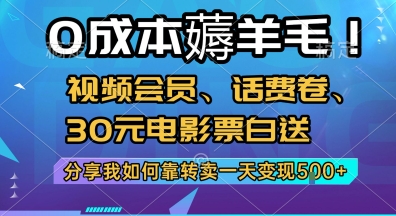 0成本薅羊毛!视频会员、话费卷、30元电影票白送，分享我如何靠转卖一天变现5张+【揭秘】-网创之家