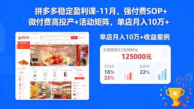 拼多多稳定盈利课-11月，强付费SOP+微付费高投产+活动矩阵，单店月入10万+-网创之家