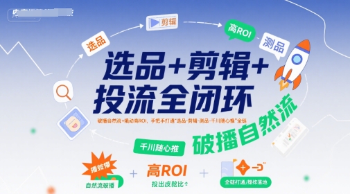 选品+剪辑+投流全闭环，破播自然流+撬动高ROI，手把手打通“选品-剪辑-测品-千川随心推”全链-网创之家