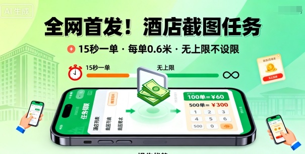 全网首发！酒店截图任务，15秒一单，每单0.6米，任务无上限不设限，矩阵操作单日3张到手【揭秘】-网创之家